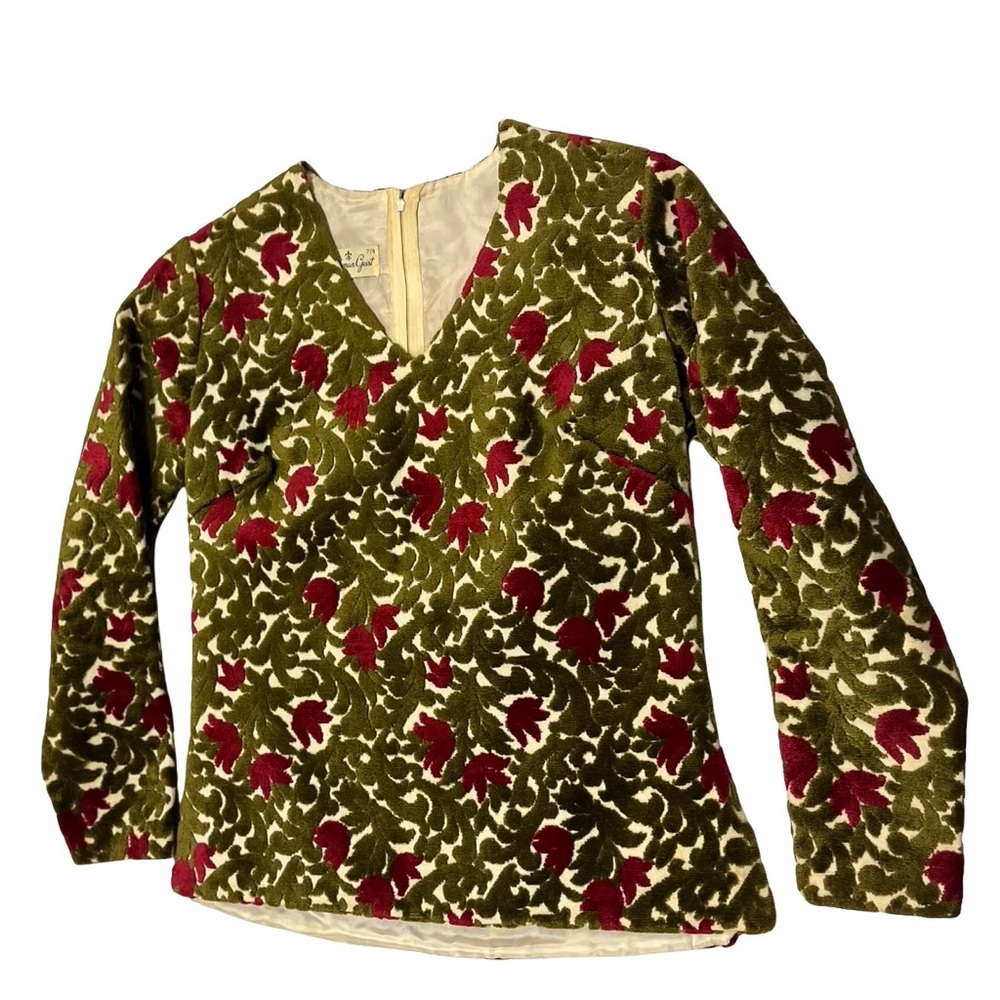 Vtg Herman Geist 50s Cream Green Red Tapestry V Neck Top Festive Party XS/S